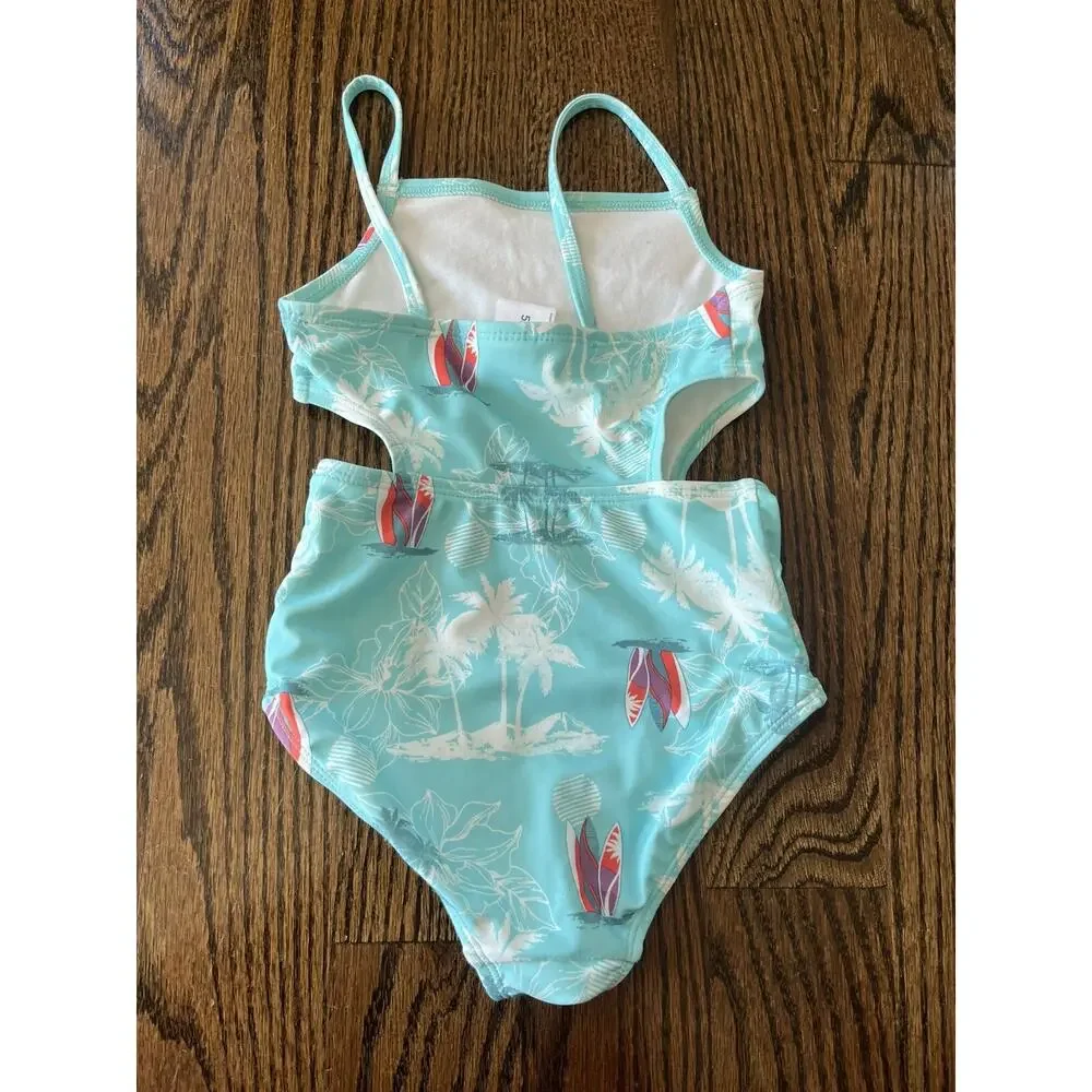 OshKosh B'gosh girls swimsuit size 5 beach print blue side cut out details NWOT